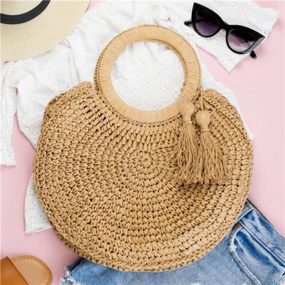 Women's Summer Casual Large Capacity Circle Round Rattan Tassel Carry All Straw - Picture 3 of 4